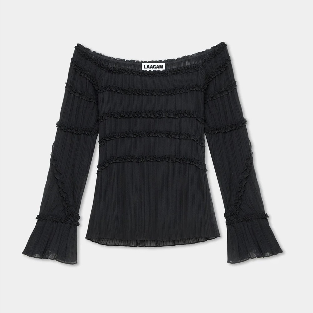 NWT Laagam Petra Black Textured Blouse Ruffle Sleeves Off Shoulder